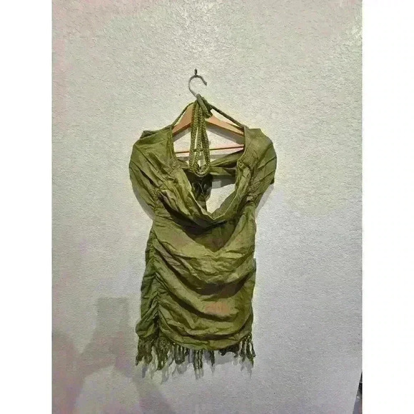 Khaki Tie Bust Ring Detail Tassel Trim Linen Bodycon Dress SZ 2 - Picture 2 of 5
